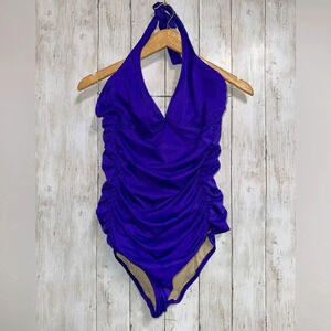 J.Crew Dark Purple Ruched Halter One- Piece Swimsuit Size 14
